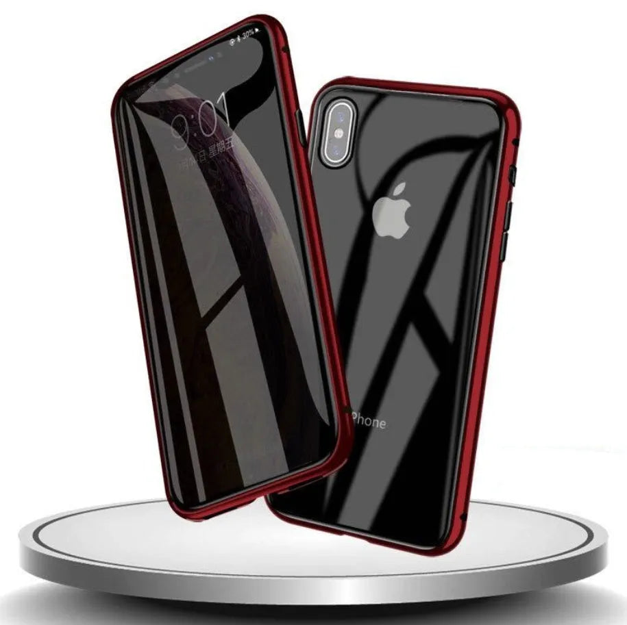 A glass clamshell anti-spy privacy case for iPhone, shown in a solid colour with a geometric design.