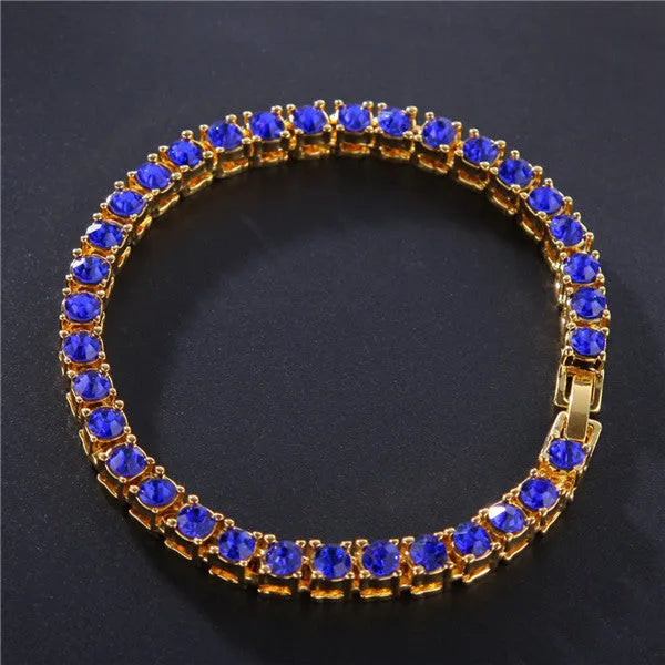 Men's iced out hip hop bracelet with single row rhinestones and zirconia tennis charm on geometric alloy chain links