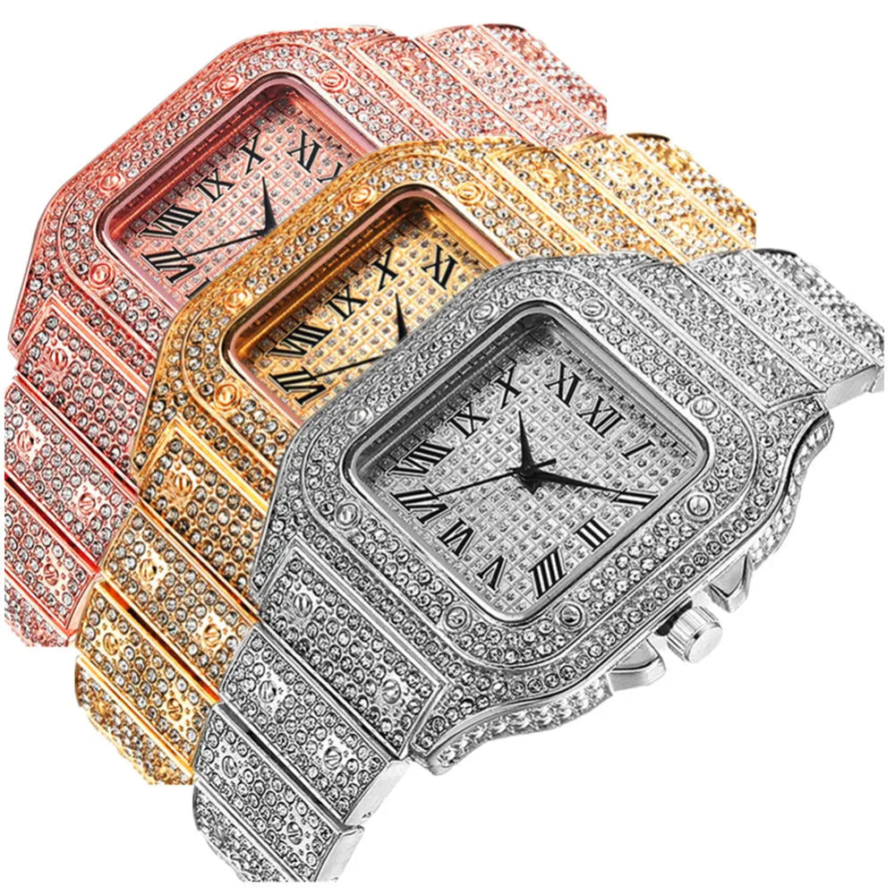 Roman numeral graduation quartz watch set with black mesh band and square dial alongside matching bracelet and necklace