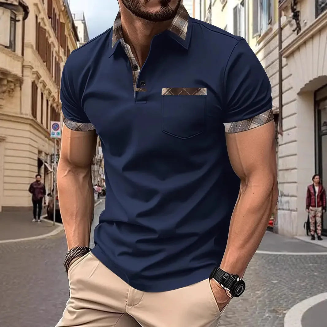 Men's plaid colourblock t-shirt with zipper decorations in loose fit polyester fabric