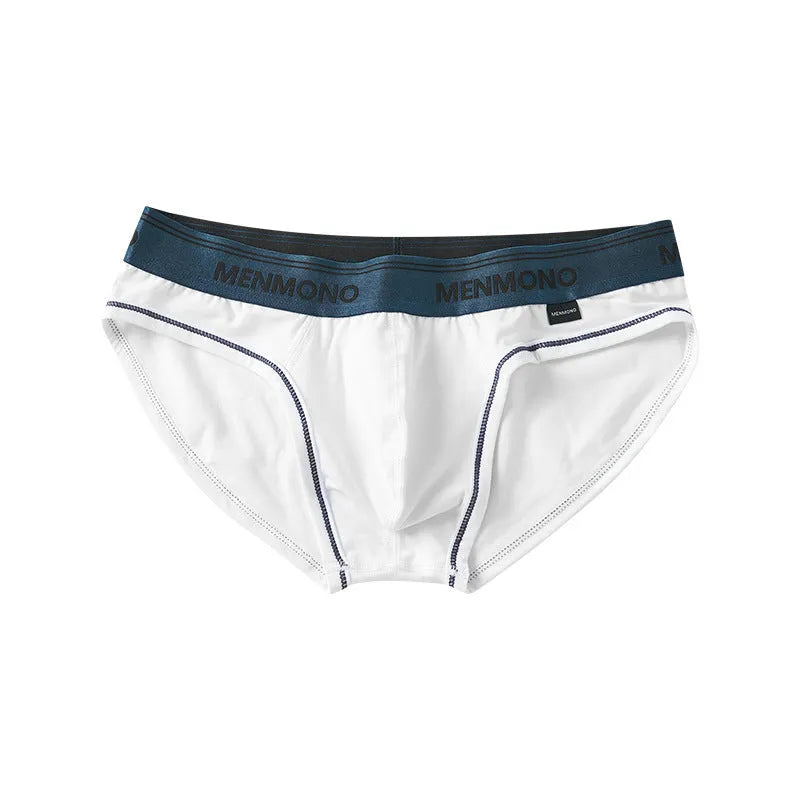 Men's low waist cotton blend briefs in a grey and blue colour block combination.