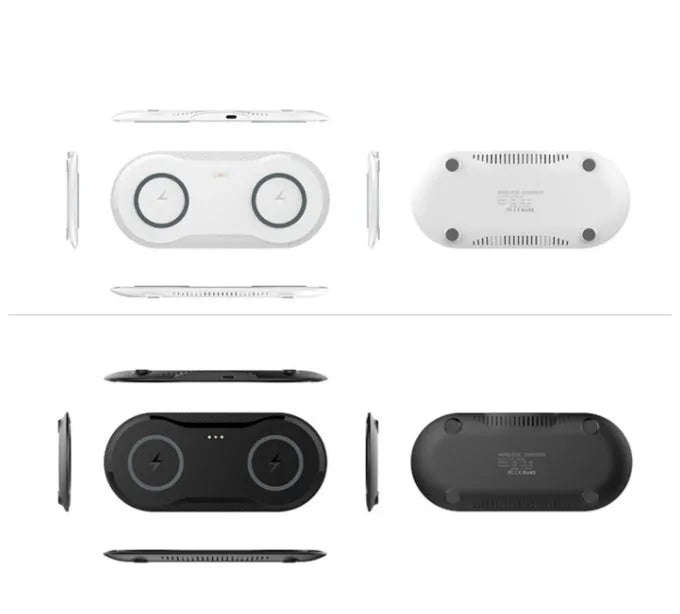 Black and white dual wireless charger charging two phones simultaneously with type-C cable