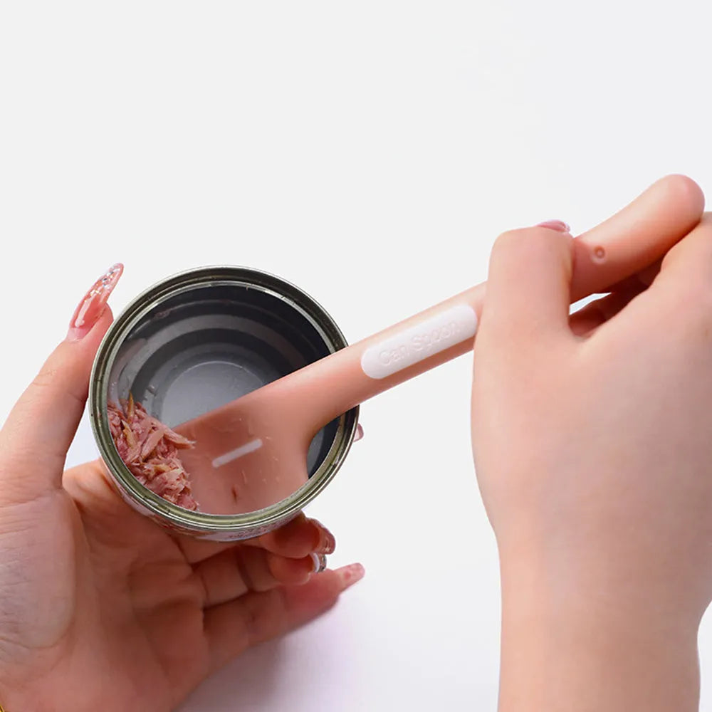 Long-handled green pet food spoon for canned wet food with angled scraper design