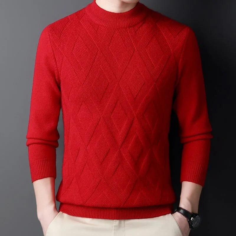 Men's winter thermal plus size sweater in wool blend with diamond jacquard texture