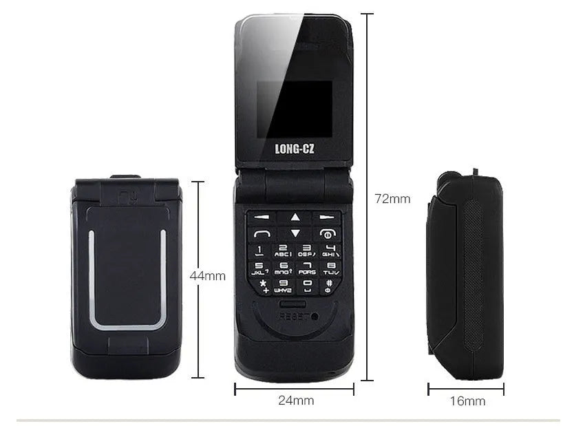 Mini flip mobile phone in a choice of six colours: white, yellow, black, gold, blue, and rose red.