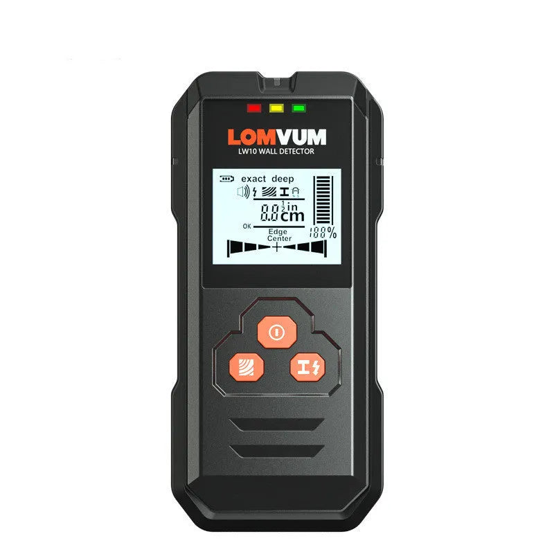 Handheld multifunctional wall detector for finding metal, wires, and wood studs behind walls.