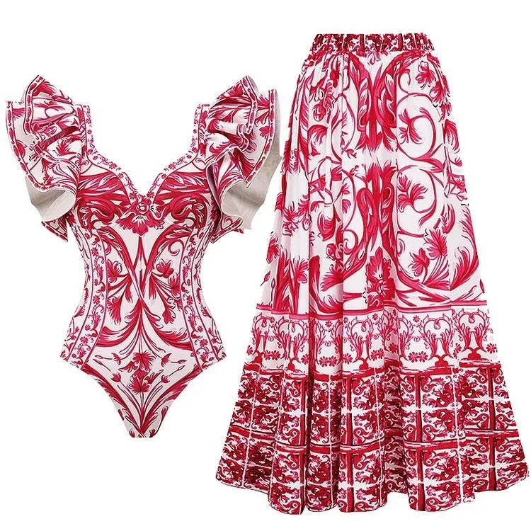 Women's printed one-piece swimsuit with matching cover-up skirt in rose pink.
