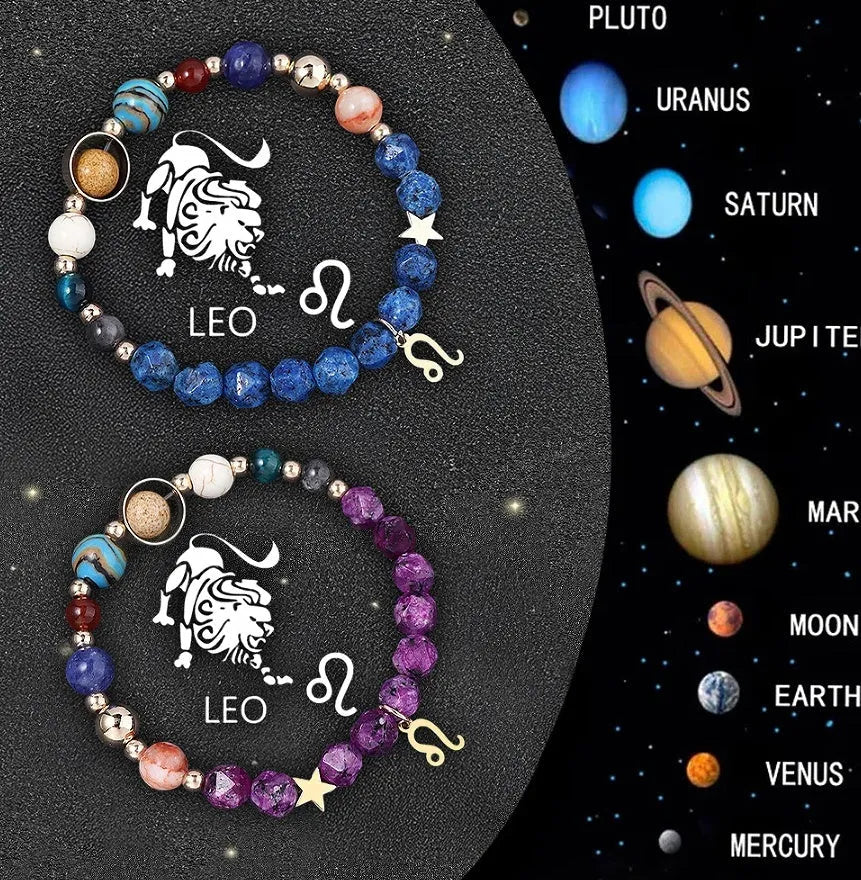 Set of twelve natural stone beaded bracelets showing different zodiac sign designs on elastic cords