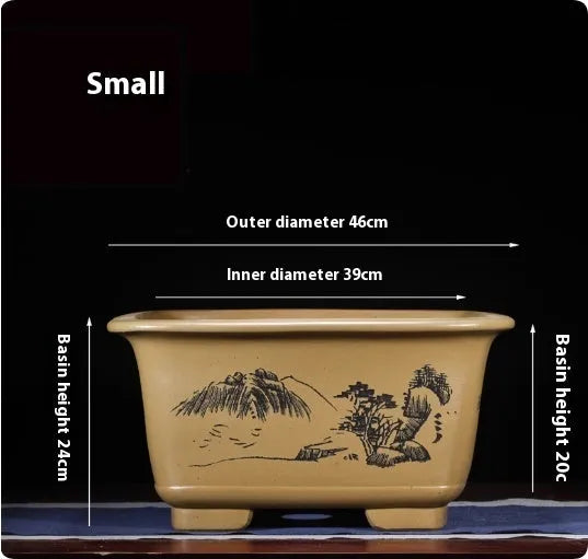 Large Chinese-style antique purple clay flower pot for indoor bonsai trees.