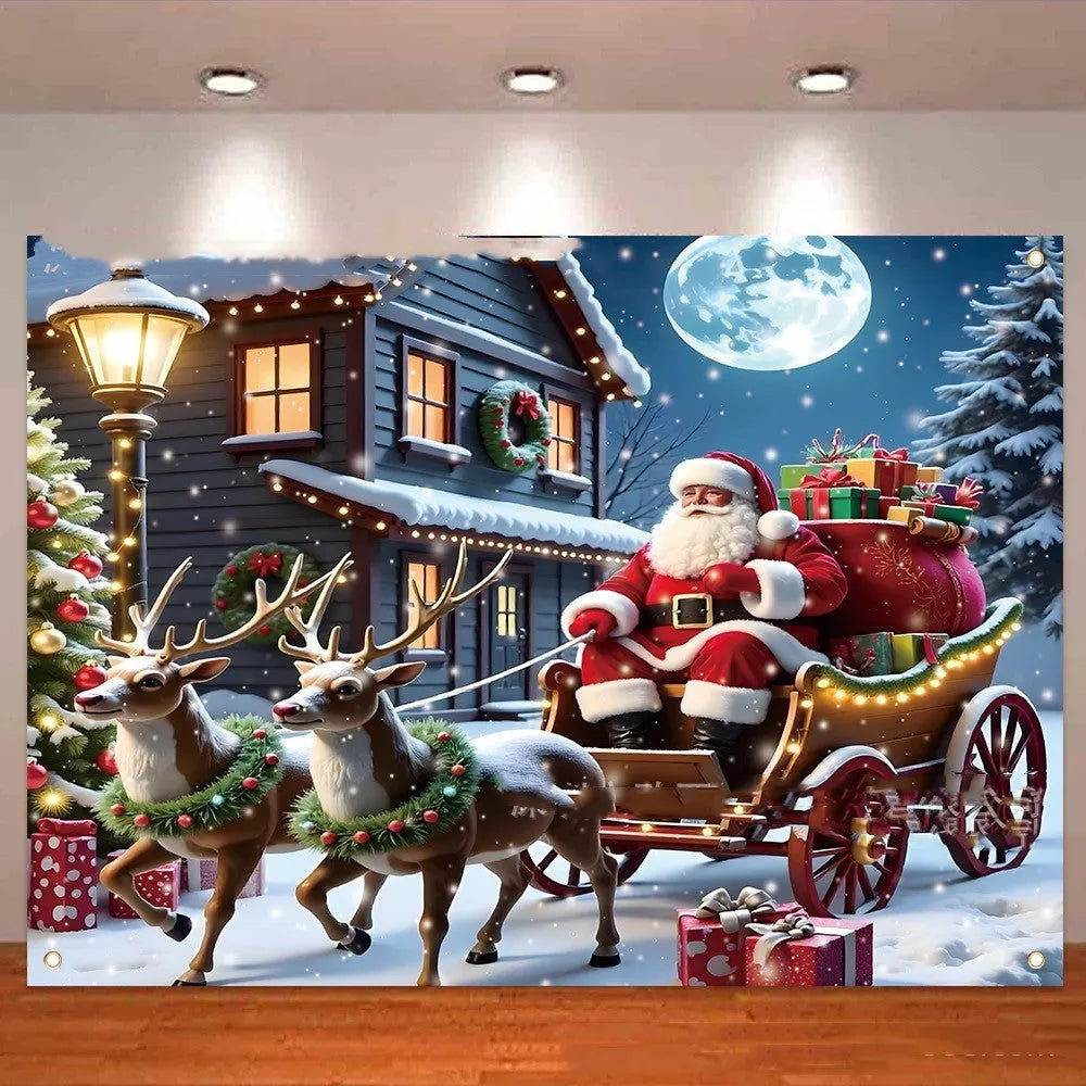 Santa Claus Christmas banner 210x150cm with night sky scene and gifts