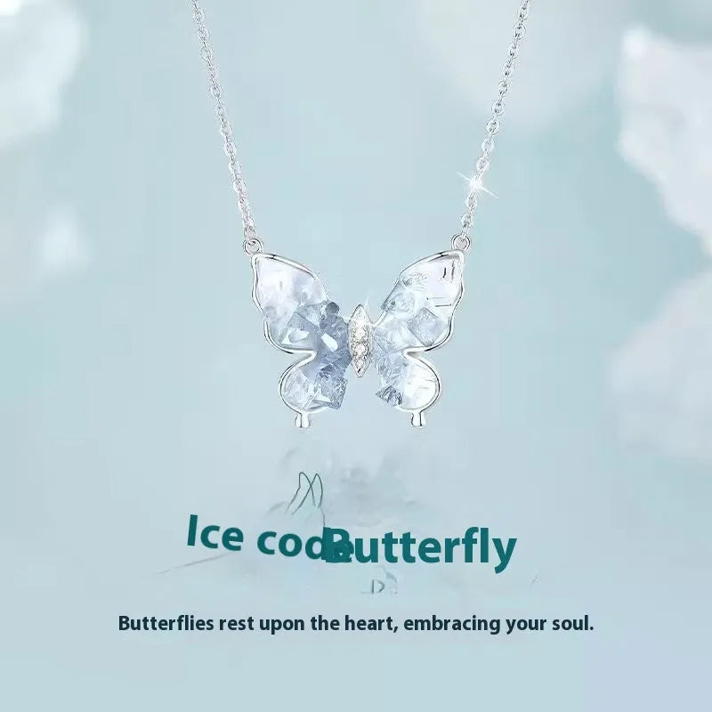 Women's S925 silver necklace with ice rain butterfly pendant on adjustable chain