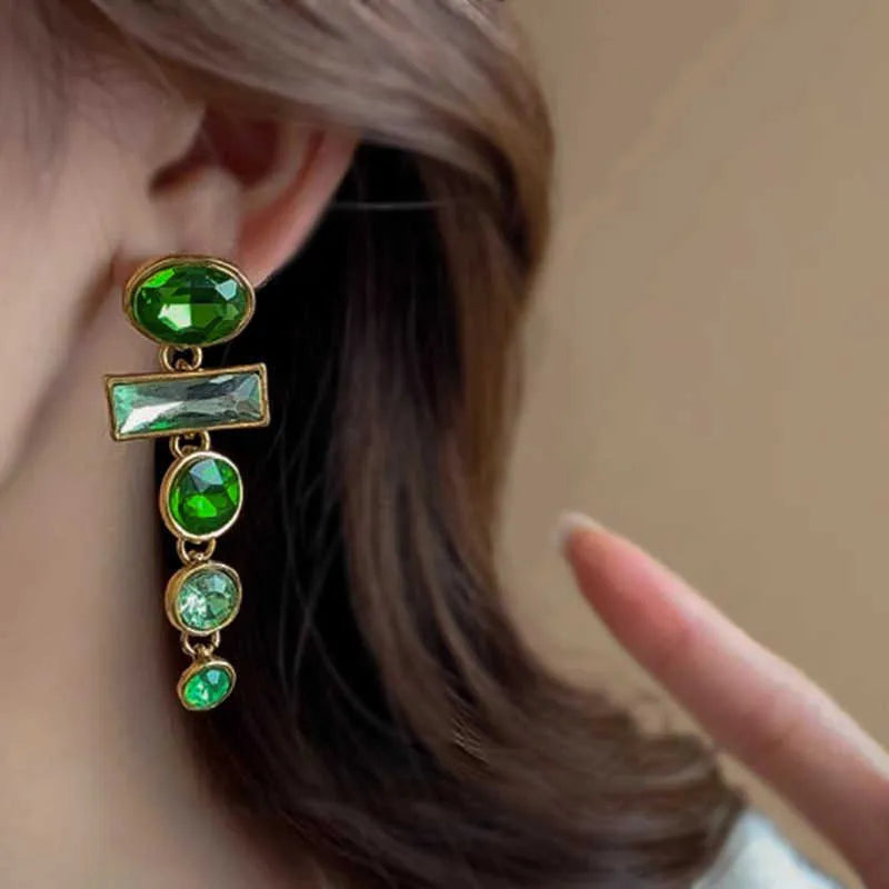 Green gradient retro tassel earrings with geometric Chinese style design and alloy metal construction
