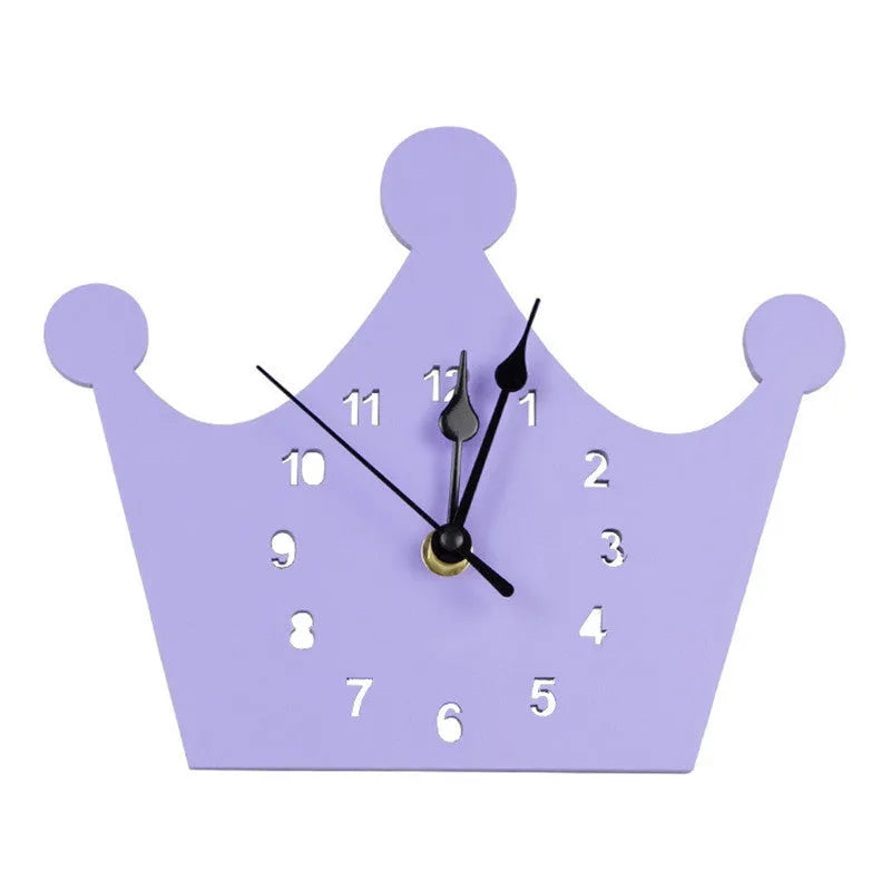 Wooden cartoon wall clock in European alien shape with character designs like rabbit crown and cloud in various colours