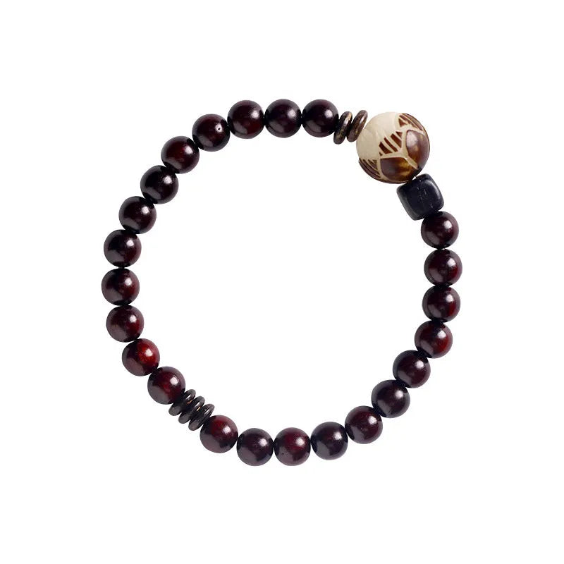 Natural rosewood double-ring bracelet with 10mm flower-shaped beads and knitted construction