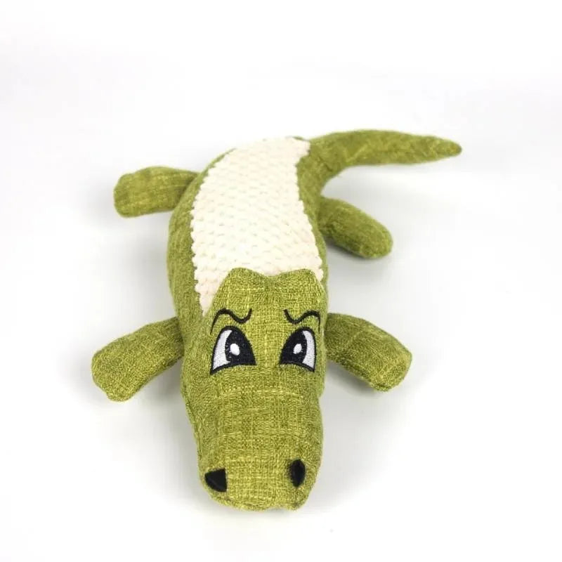 Blue, green and red squeaky plush chew toy for cats and dogs to bite and shake.