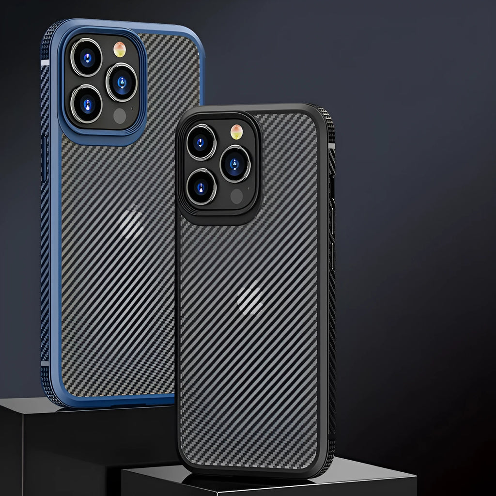 Black anti-fall protective phone case with carbon fibre pattern for Apple iPhone 13.