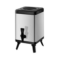 Silver stainless steel milk tea bucket with square-lock lid showing 8 litre capacity for commercial beverage storage