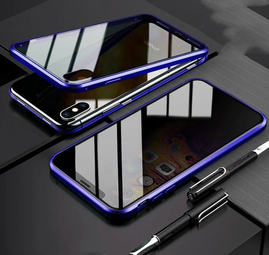 A glass clamshell anti-spy privacy case for iPhone, shown in a solid colour with a geometric design.
