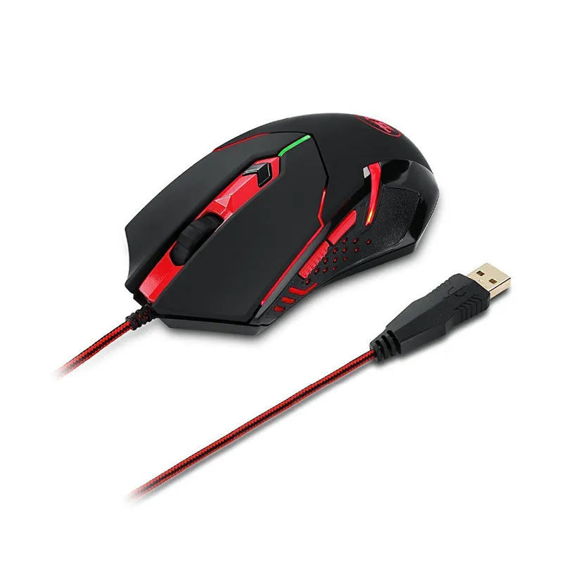 Black and red USB wired optical gaming mouse with six keys on an ergonomic shape.