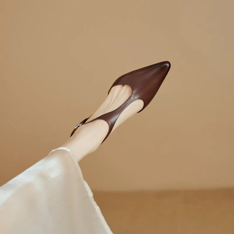 Women's vintage style high heels in cowhide leather with pointed toe design available in black or brown