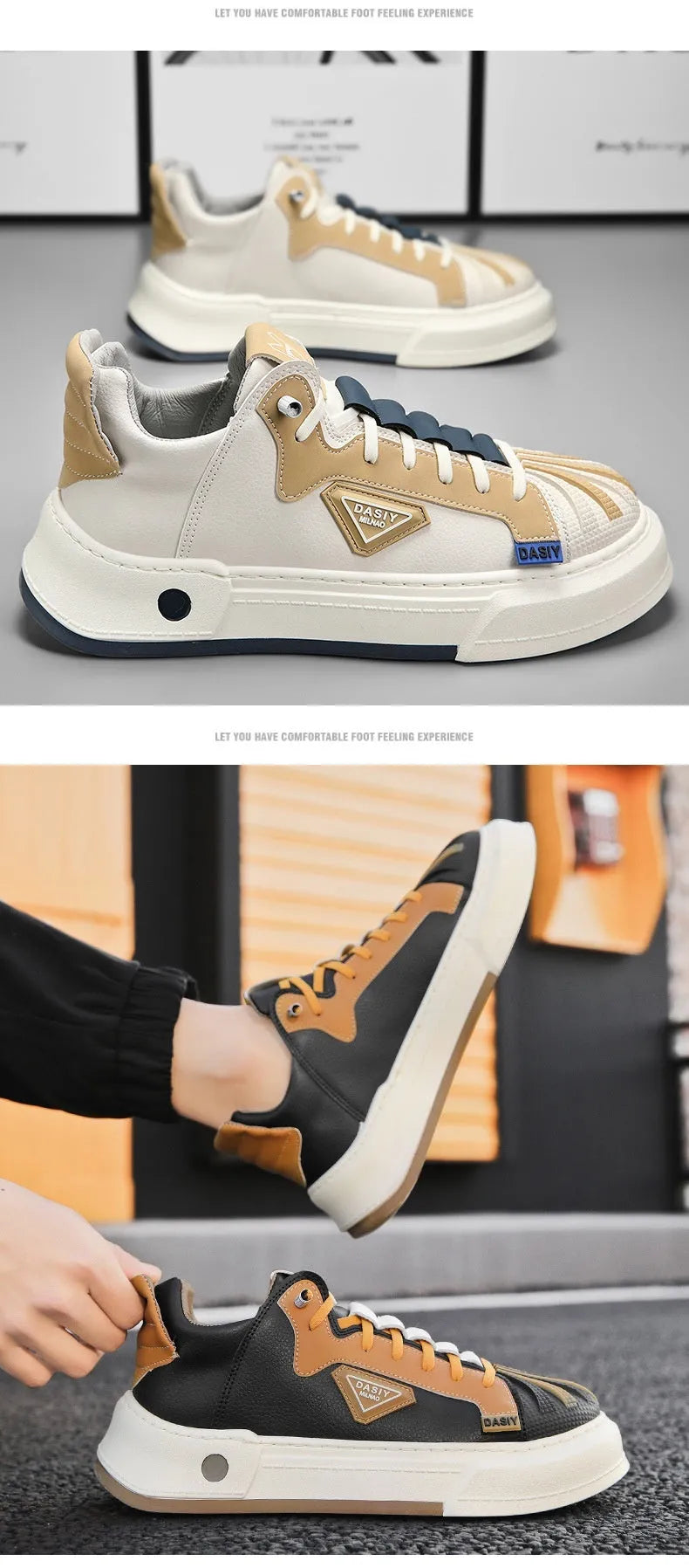 Men's beige low-top sneakers with elastic band and round toe on a white background