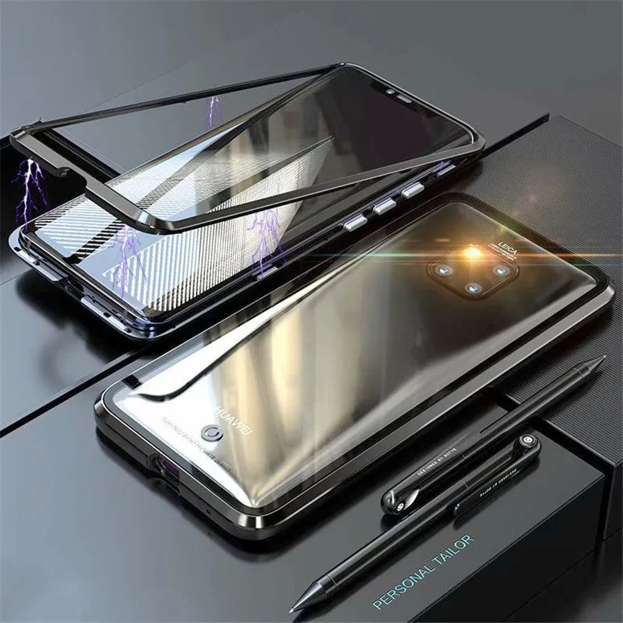 Metal magnetic phone case with tempered glass back showing phone design, available in black, blue, red, white