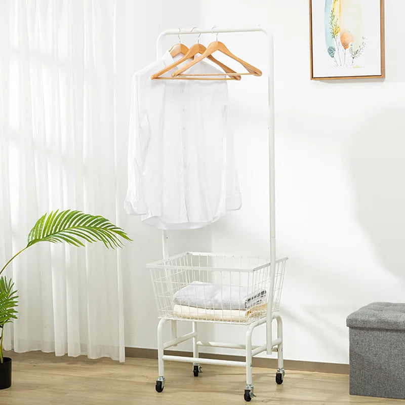 Iron pulley clothes hanger with single moving rod for wardrobe storage in white or black colour