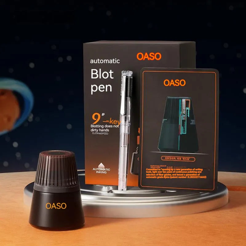 Automatic suction pen set with plastic body, stainless steel tip, ink feeder, and handbag on a desk.