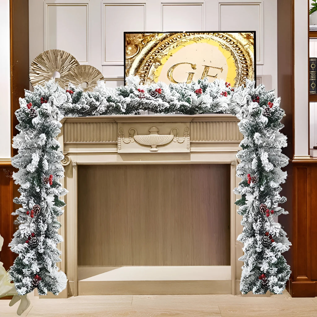 Christmas rattan wreath with white flocking snow decoration in American style