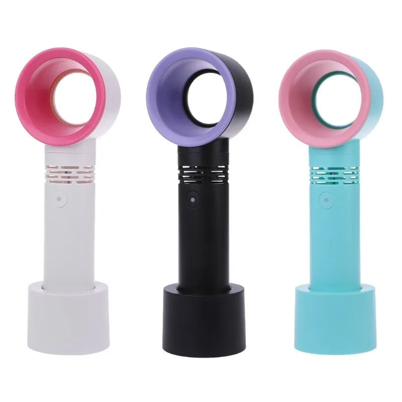 A portable bladeless desk fan with a modern design, shown on its base with a USB cable, available in multiple colours.