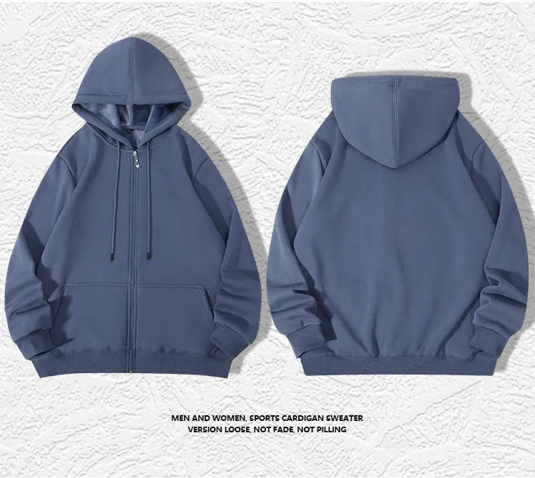 Men's plus size 420g hooded zip-up sweater in loose cardigan style with top-stitched pockets