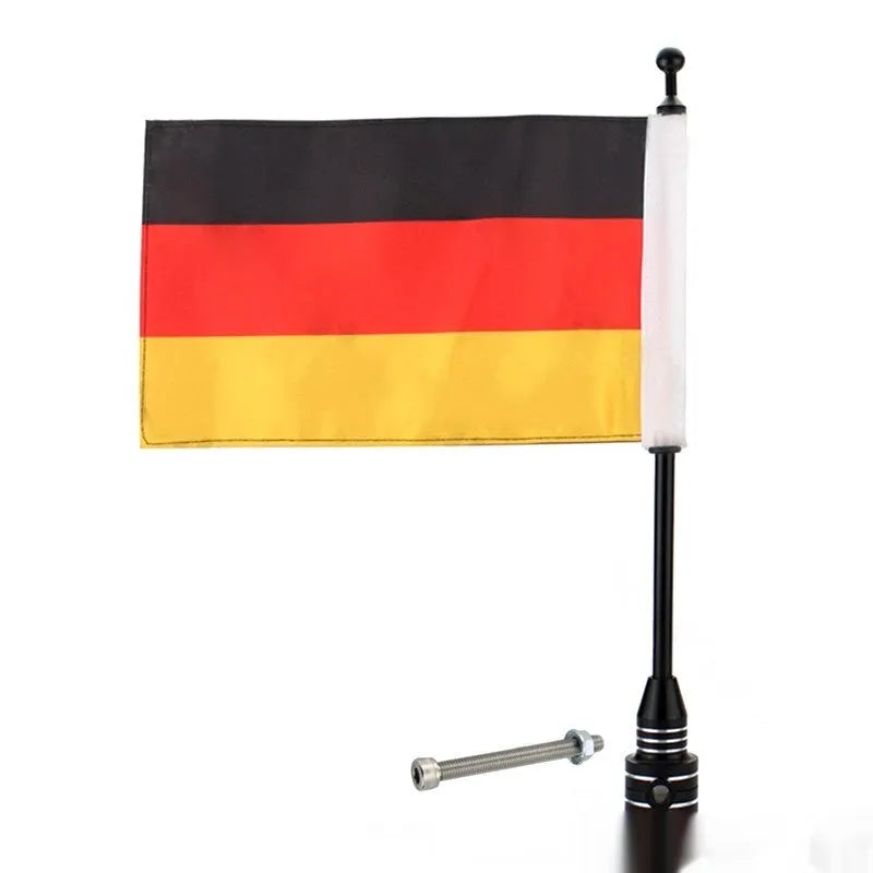 Metal motorcycle flagpole for mounting on luggage rack, shown in black and silver finish options.
