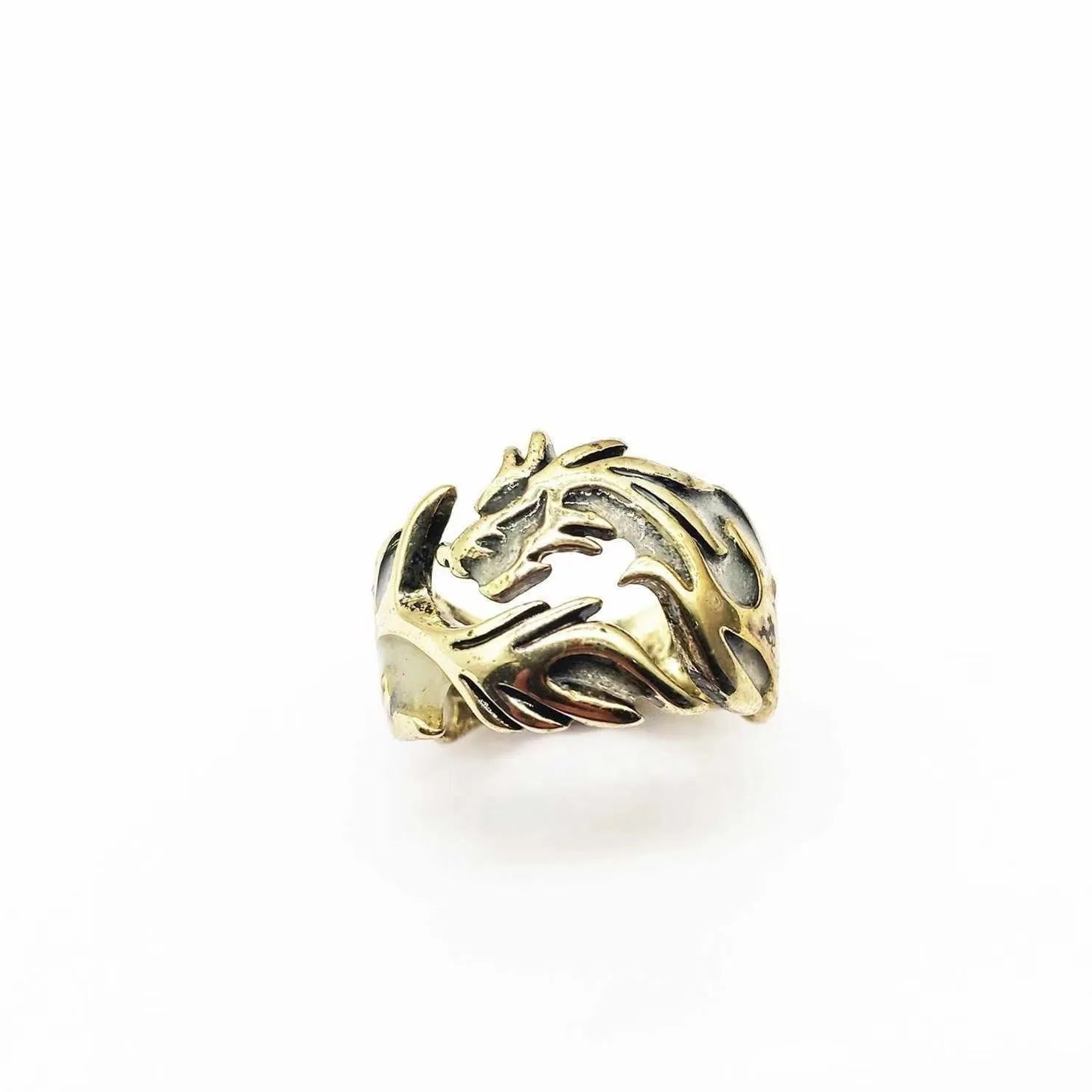 Chinese style luminous dragon pattern ring in antique silver blue and green on a metal adjustable band.