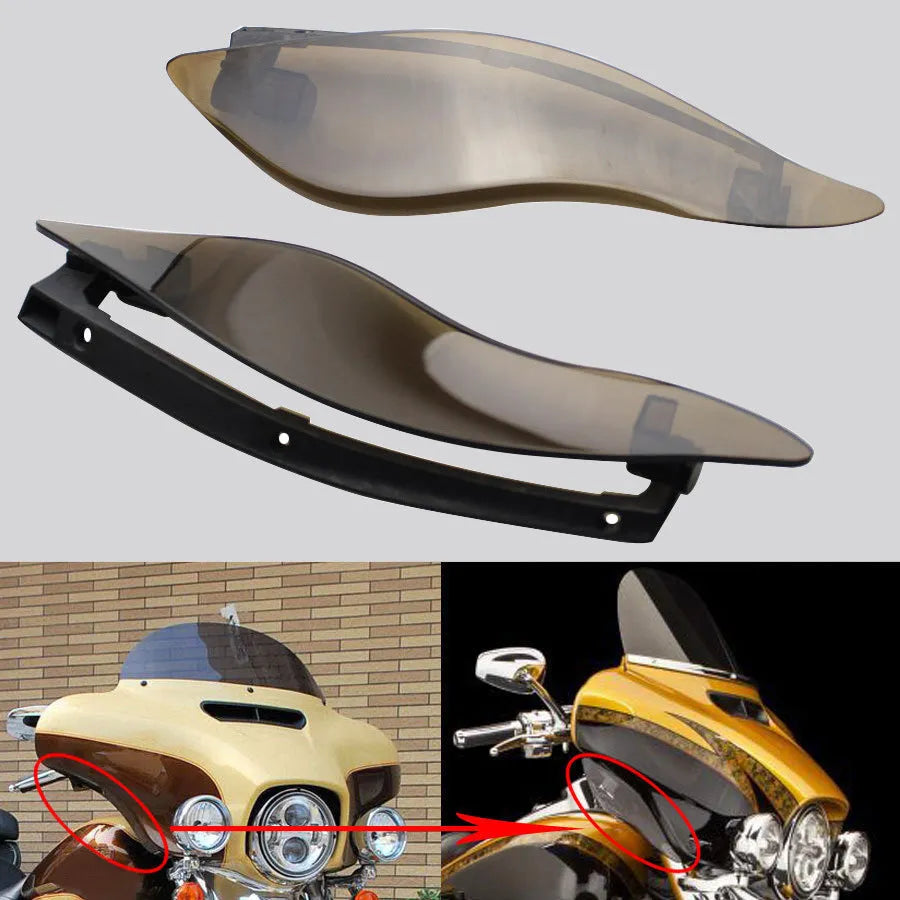 Harley-Davidson motorcycle windshield rear wing accessory in smoked and black ABS plastic