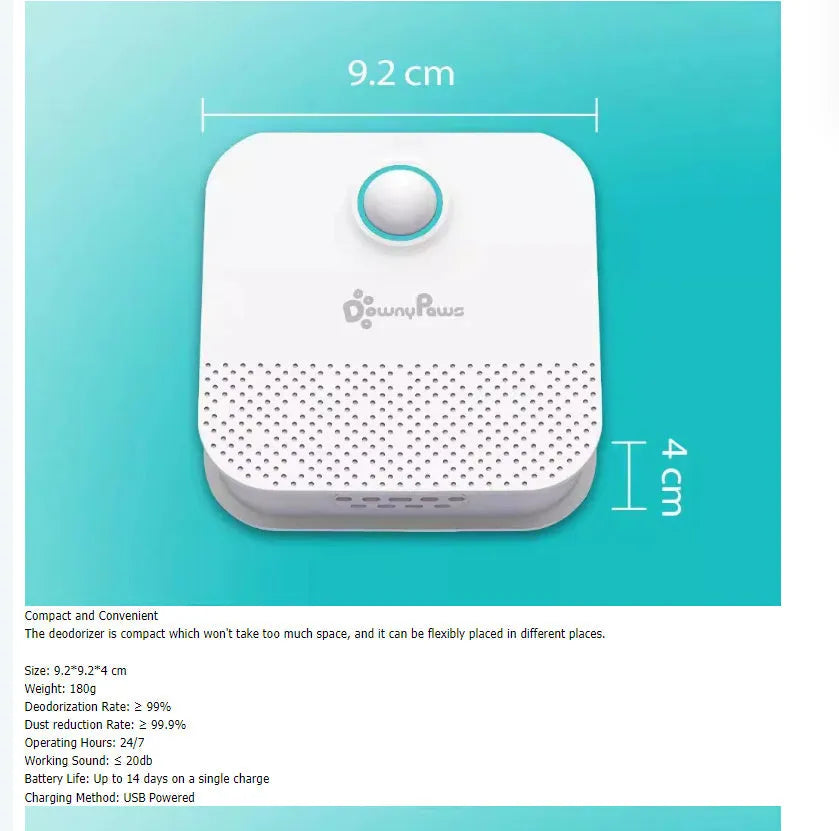 White DownyPaws cat litter odour purifier showing compact 9.2cm square design with USB charging port