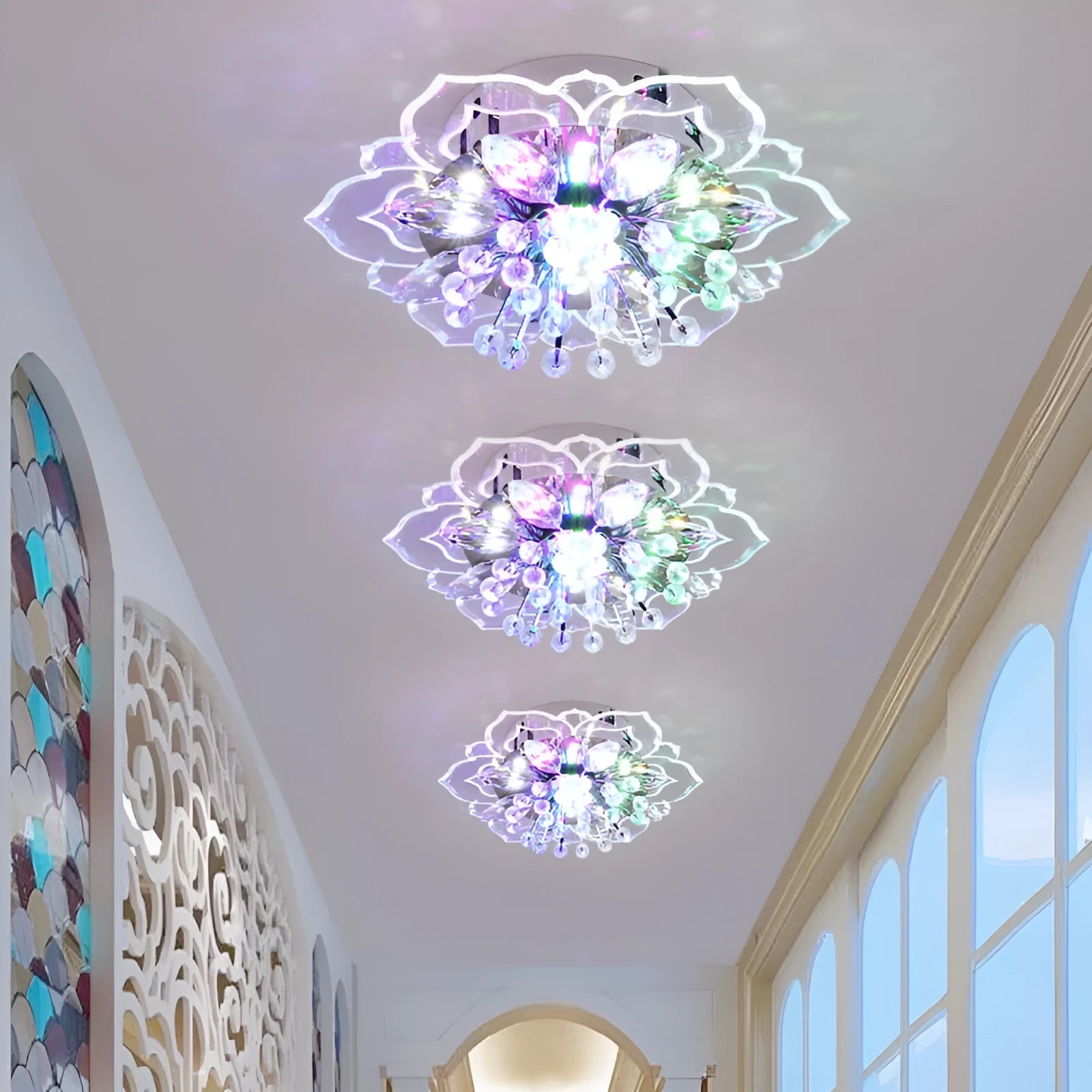 Small crystal ceiling lamp with flower-shaped shade showing concealed and exposed fitting options