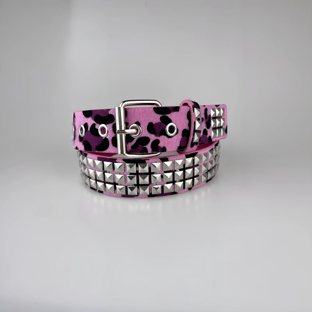 Brown leopard print women's punk belt with silver metal rivets and alloy buckle