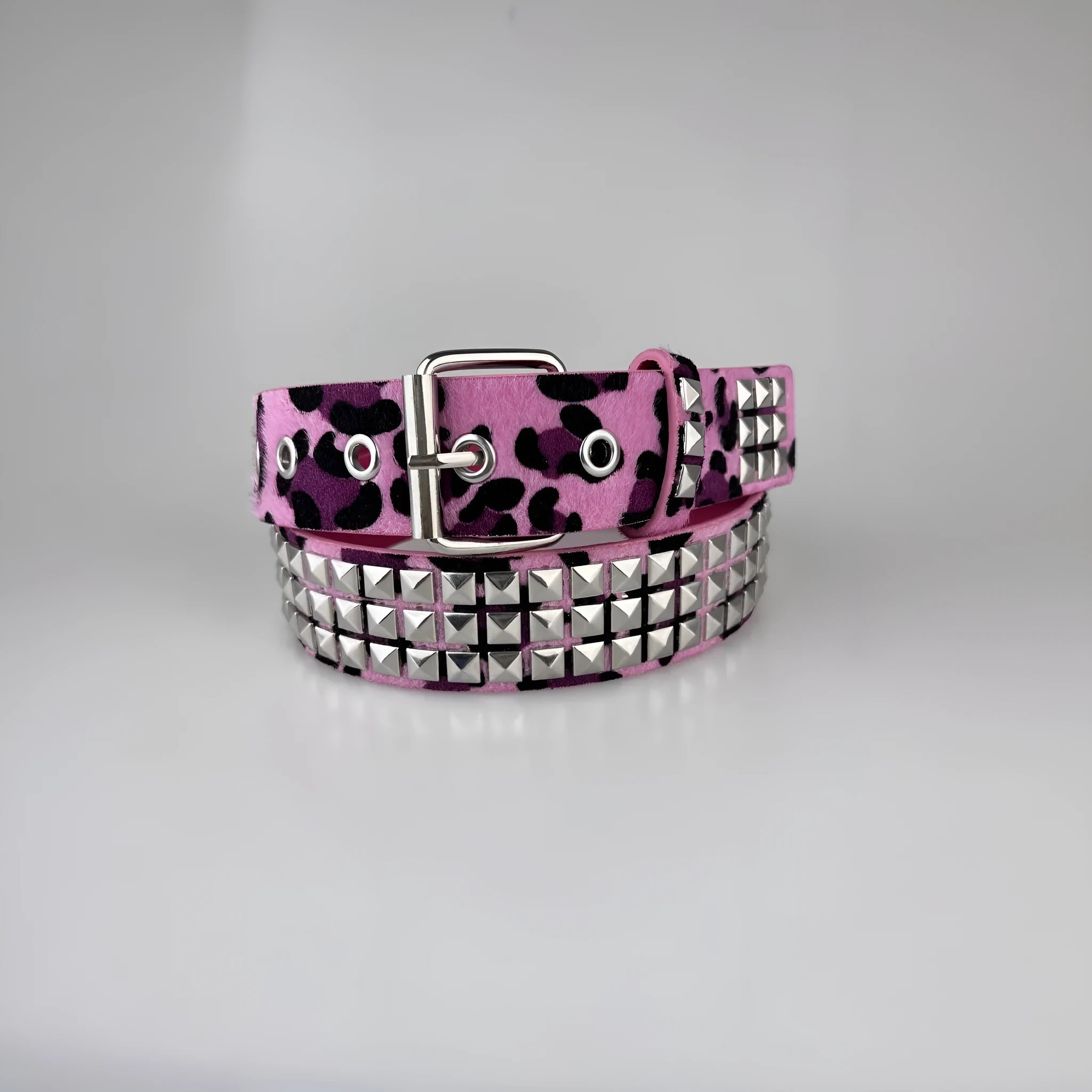 Brown leopard print women's punk belt with silver metal rivets and alloy buckle