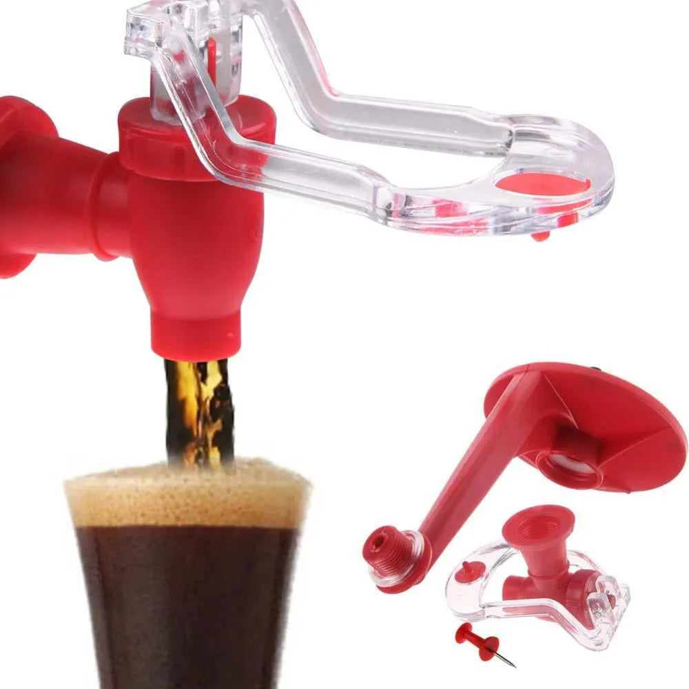 Red plastic Magic Tap soda dispenser attached to inverted 2 litre bottle