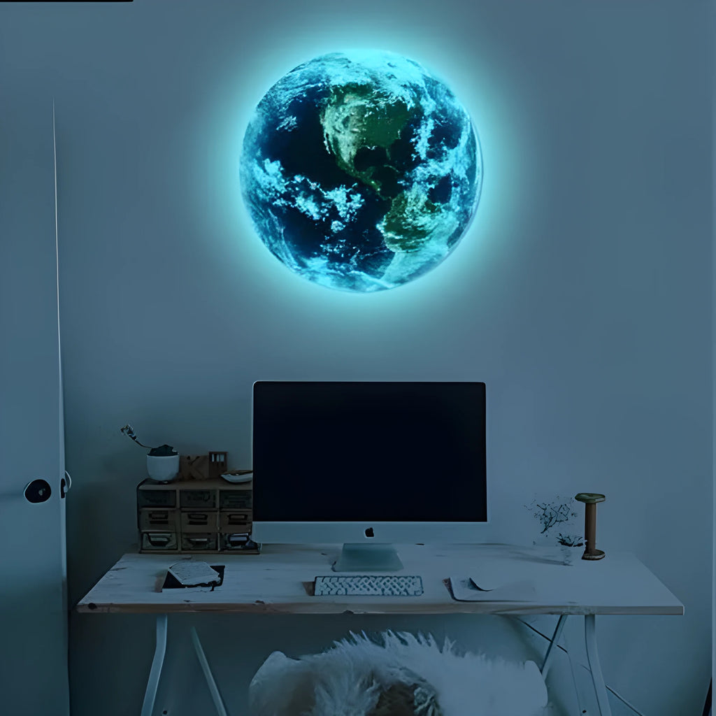 Luminous 3D Earth wall sticker glowing in dark on bedroom ceiling available in 30cm size