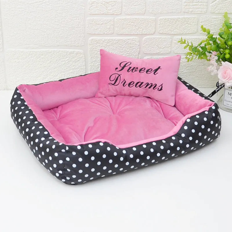 Square polka dot print dog bed with raised sides and a matching embroidery pillow for small dogs.