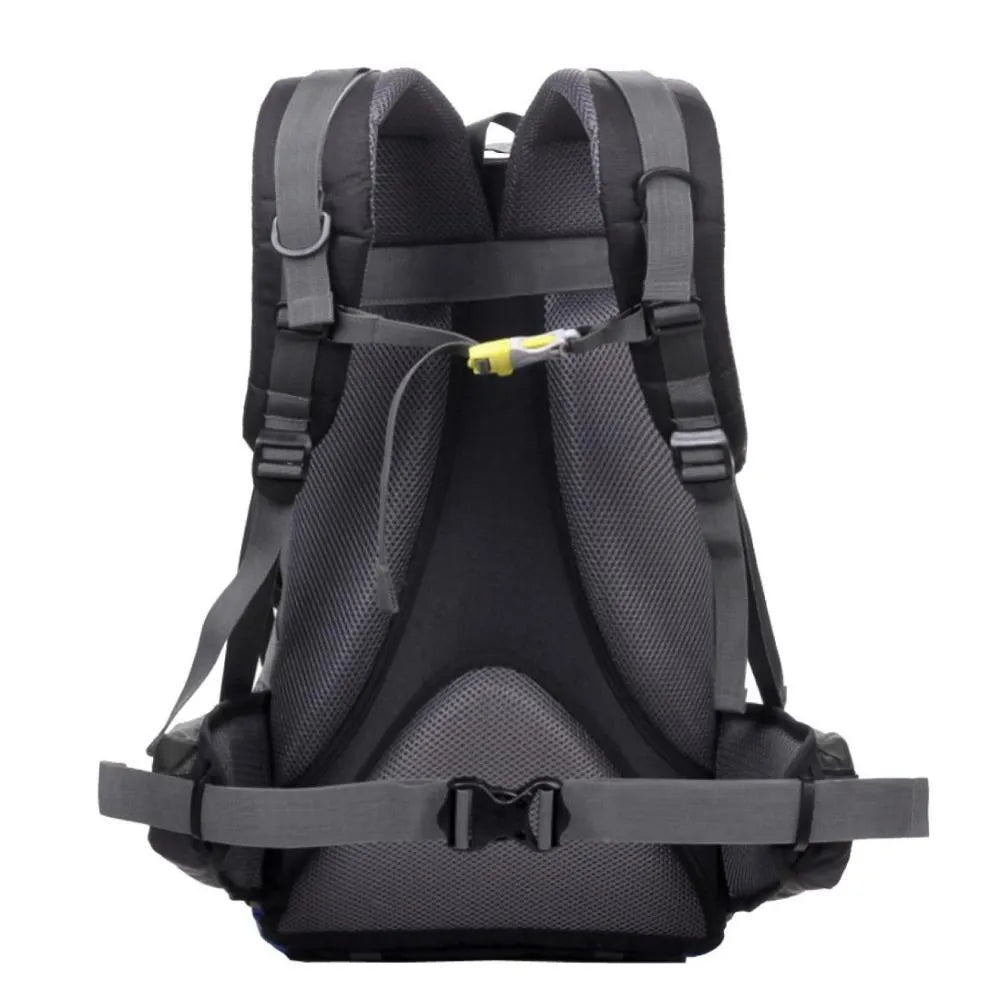 Polyester outdoor backpack in green colour showing dimensions and storage capacity