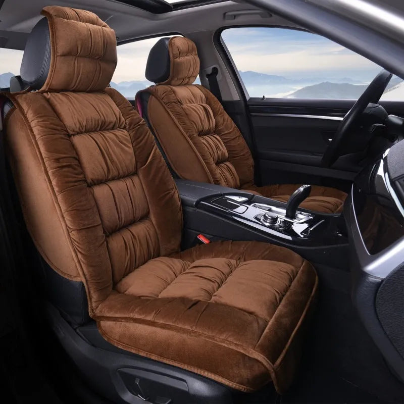Winter plush car seat cushion showing all-inclusive design on car seat