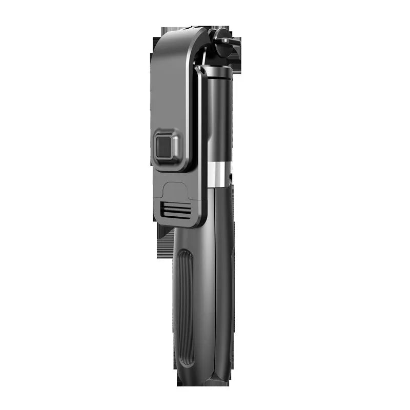 Black Bluetooth selfie stick with wireless remote extended to maximum length with smartphone attached