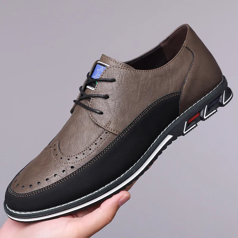 Men's black casual leather slip-on shoe with rubber sole and leather toe cap detail