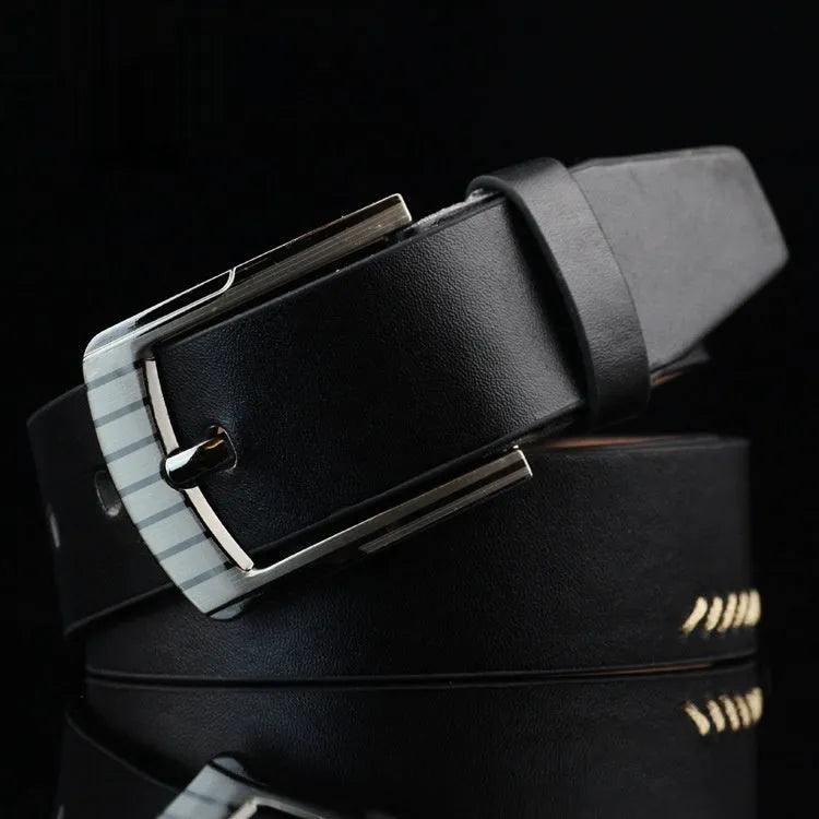 Men's black threading pattern casual belt with an alloy pin buckle, shown at 110cm length.