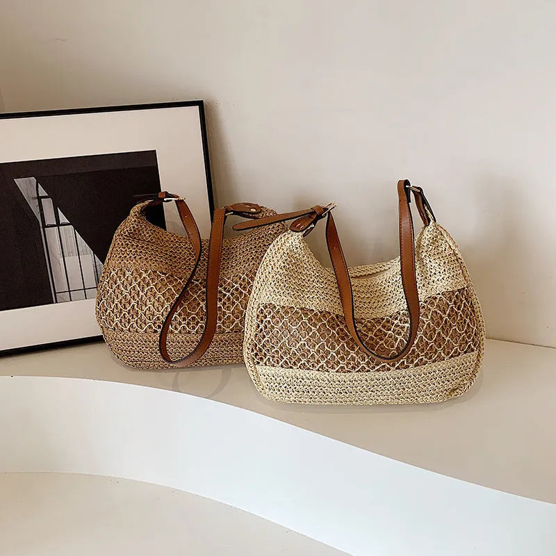 Women's casual straw cross body bag in horizontal square shape with sandwich pocket, khaki colour option