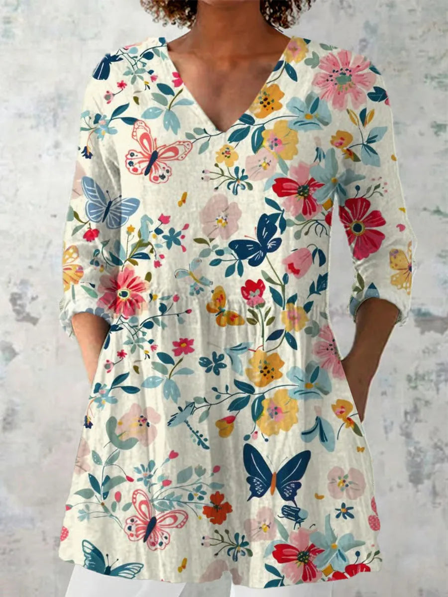 Women's retro slim-fit printed long-sleeved top in a digital print pattern, available in multiple colours.