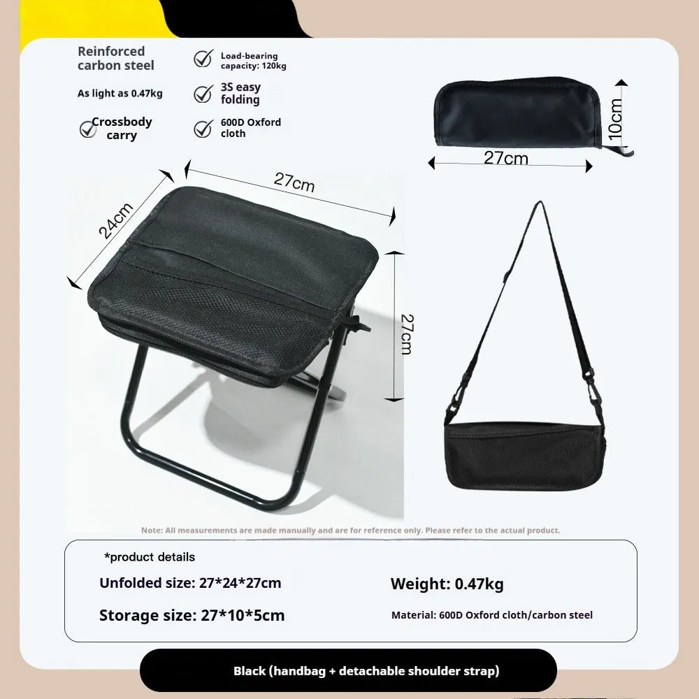 Lightweight foldable camp chair stool in Oxford cloth, shown in a khaki colour, folded into its compact pencil box shape.