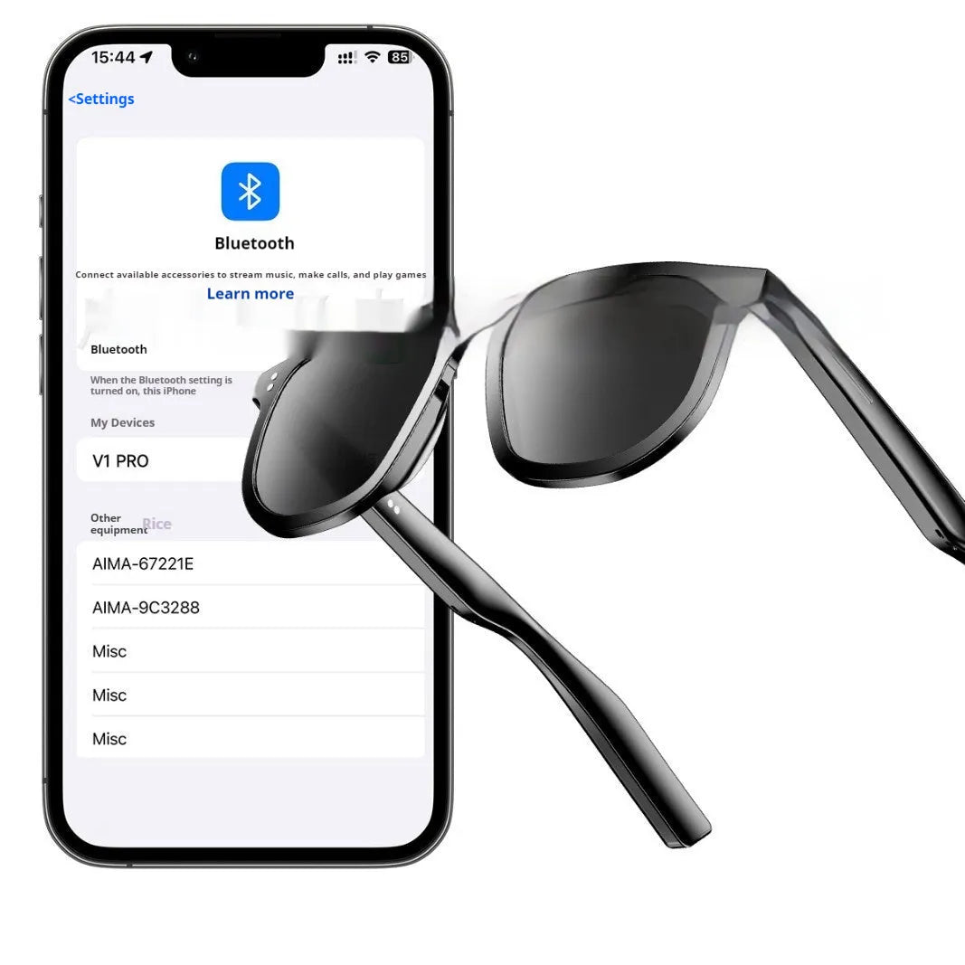 Black AI Smart Glasses with Bluetooth audio and touch controls on the frame.